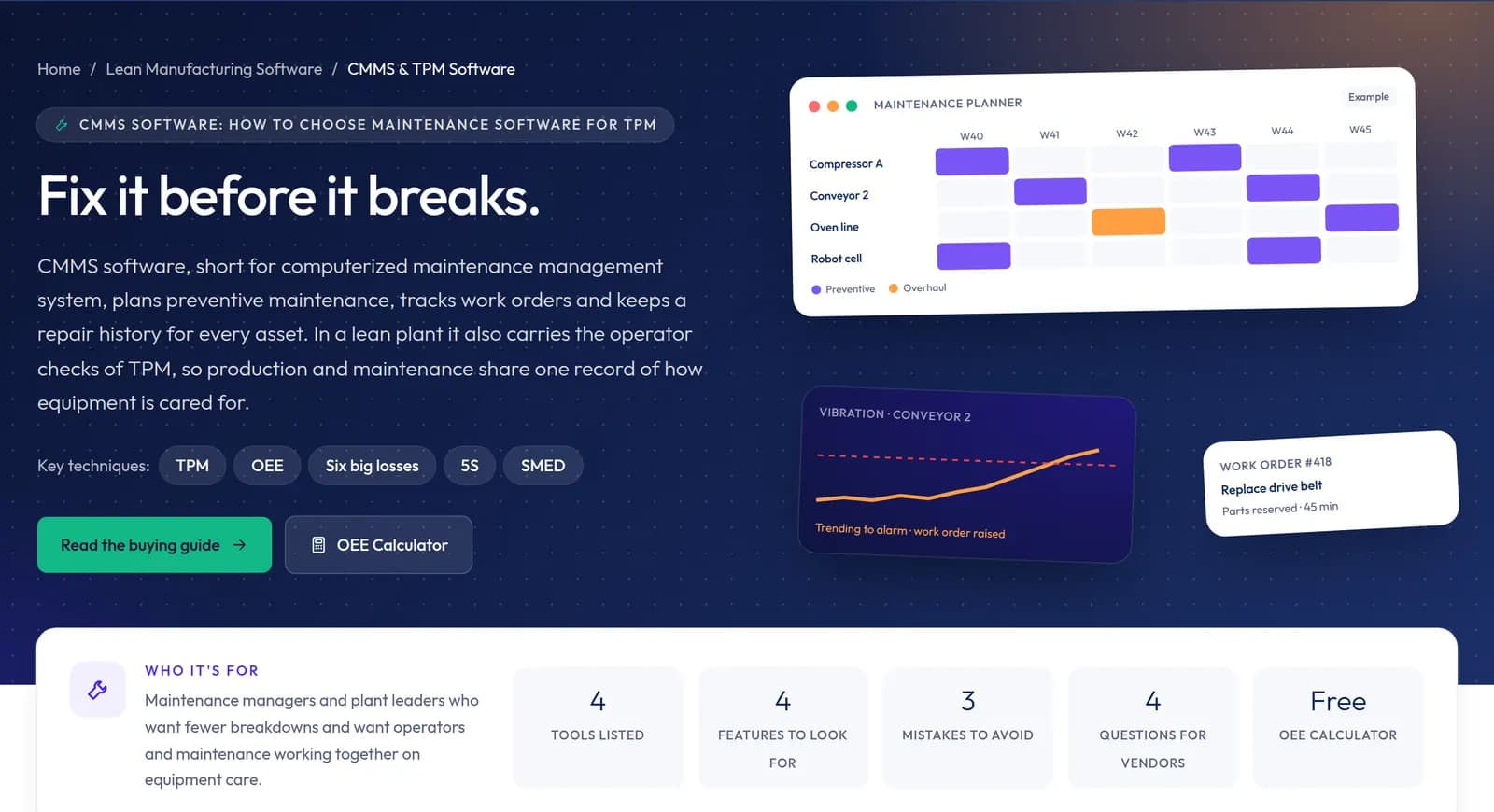 CMMS & TPM Software category page on lean-stack with its hero, key techniques and buying guide links.