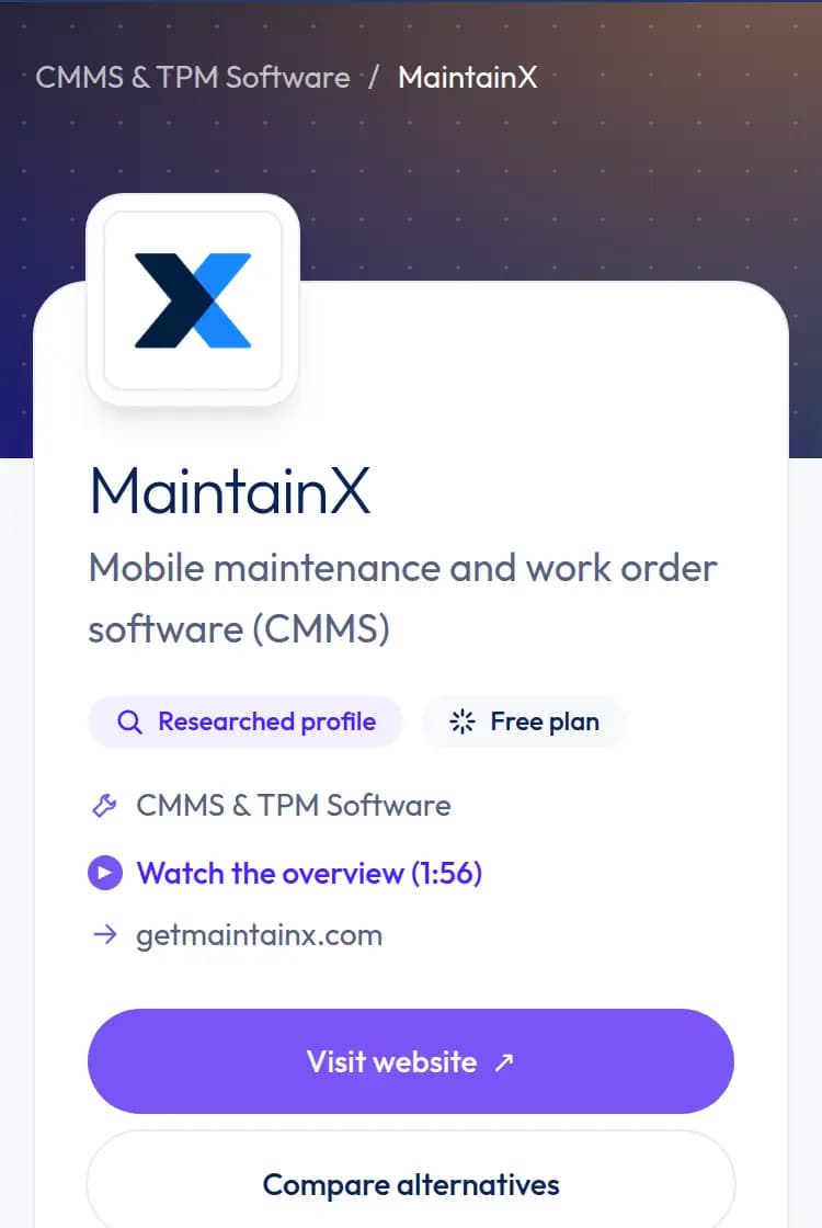 MaintainX profile on lean-stack at phone width: logo, name, tagline, free plan and a link to the vendor site.