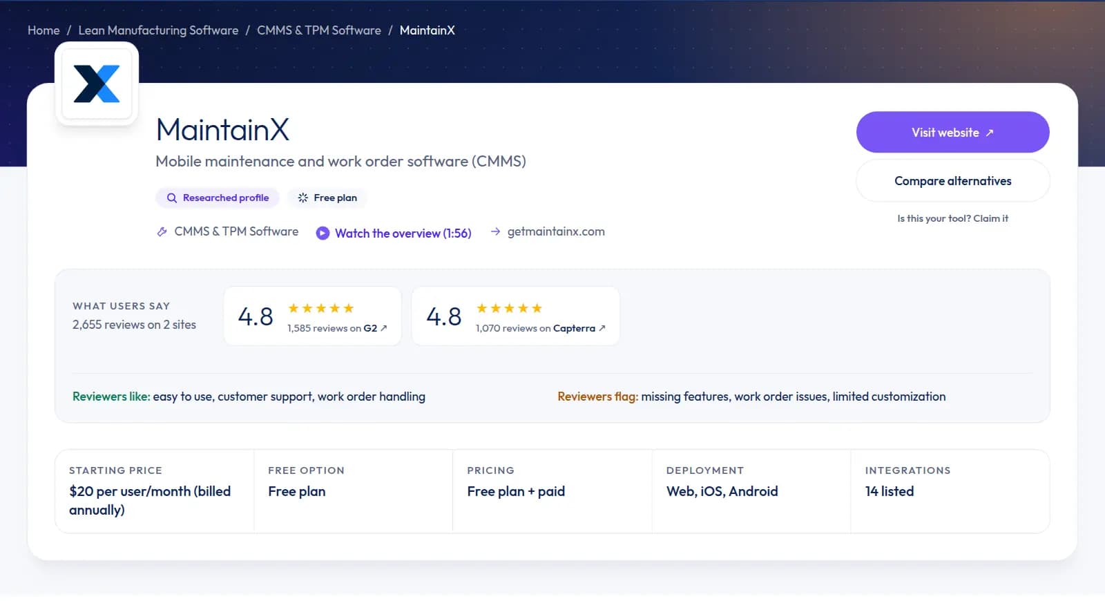 MaintainX profile on lean-stack: name, tagline, G2 and Capterra ratings, starting price, free plan, deployment and integrations count.