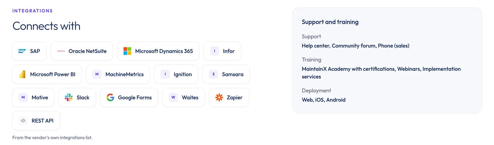 MaintainX profile on lean-stack: integration chips with logos for SAP, Oracle NetSuite, Slack and others, next to support and training details.