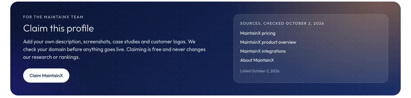 The end of the MaintainX profile on lean-stack: a list of four linked sources checked October 2, 2026, and the date the tool was listed.